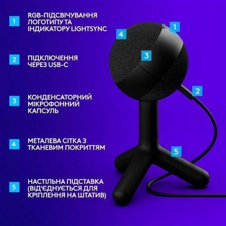 Мікрофон для ПК/ для стрімінгу, подкастів Logitech Yeti ORB RGB Black (988-000551) 534062ua фото