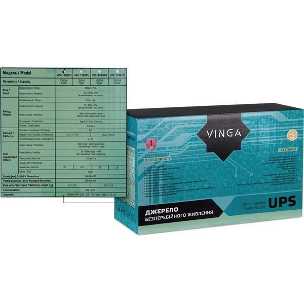 Линейно-интерактивный ИБП Vinga LED 1200VA plastic case with USB+RJ11 (VPE-1200PU) 641058ua фото